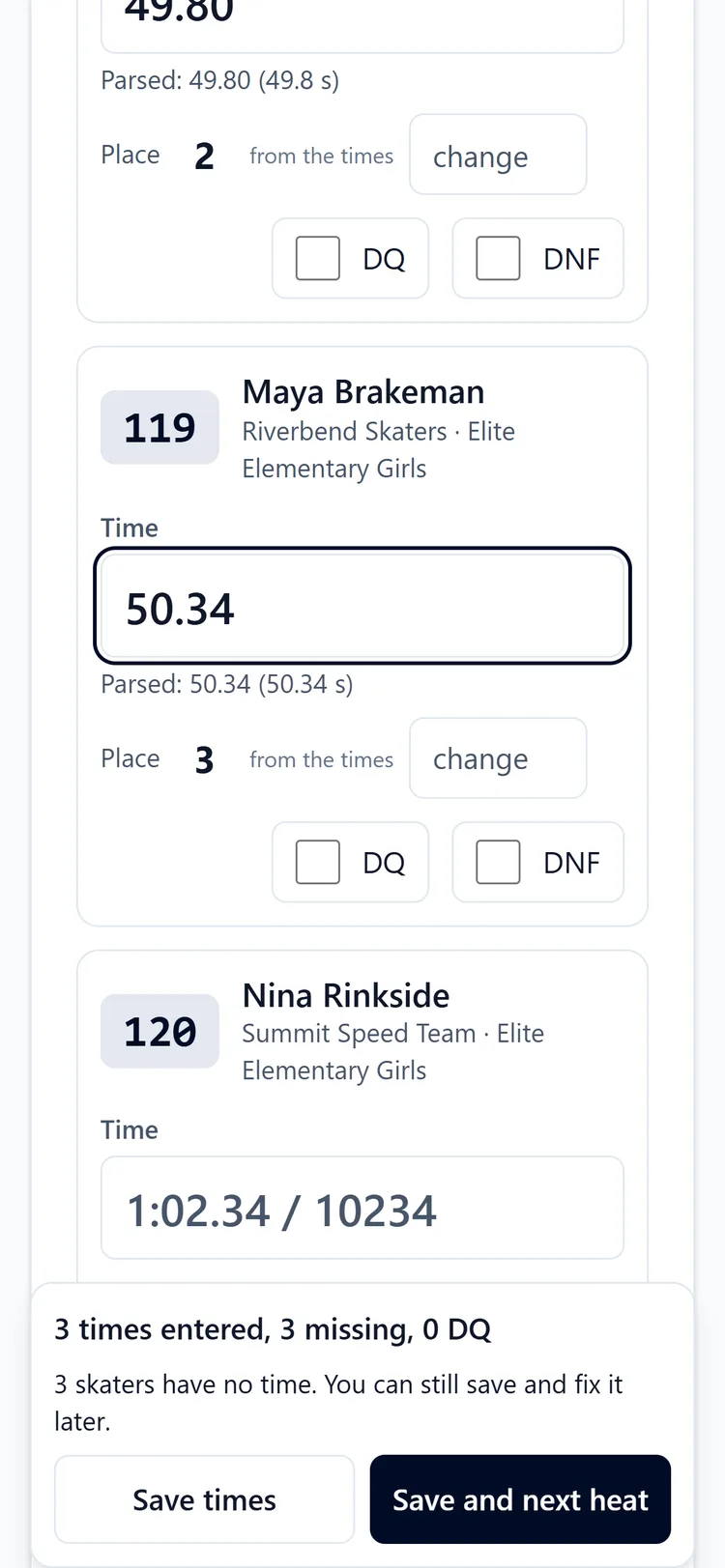 Entering results on a phone